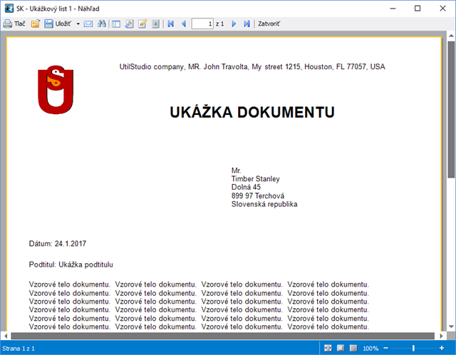 Ukážka tlače listu obsahujúceho automaticky sa meniacu adresu adresáta aj odosielateľa.